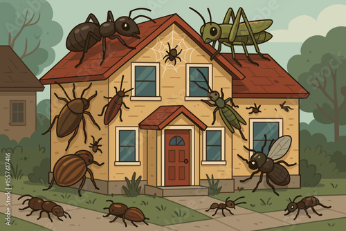 Swarm of Insects Invading Residential House. Pest Infestation Concept. Cartoon Vector Illustration of Bugs, Ants, Beetles, Grasshoppers, Spiders Crawling on Home Exterior. Unwanted Pests Problem