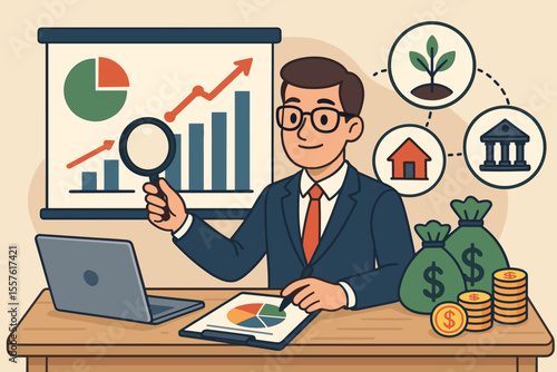 Financial analyst examining investment portfolio diversification strategy for growth, risk management, wealth planning. Money, stocks, real estate, banking, sustainable investment vector illustration