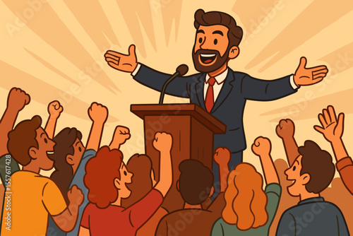 Charismatic Leader Speaking at Podium Inspiring Motivated Crowd, Political Rally, Public Speech, Audience Engagement, Vector Cartoon Illustration, Leadership, Motivation, Communication, Success