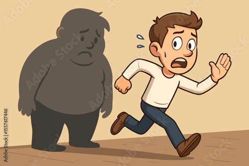 Overweight Sad Shadow Chasing Man. Mental Health Anxiety Concept. Cartoon Character Running from Depressed Self. Body Image Issues, Self Esteem, Inner Struggle, Psychological Conflict Illustration