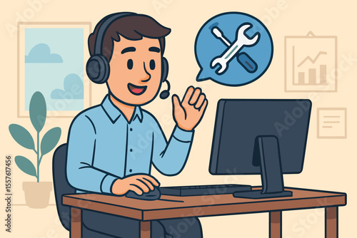 Cartoon IT Support Specialist at Office Desk with Headset, Providing Online Technical Assistance via Computer, Customer Service Helpdesk, Remote Troubleshooting, Modern Workplace Concept