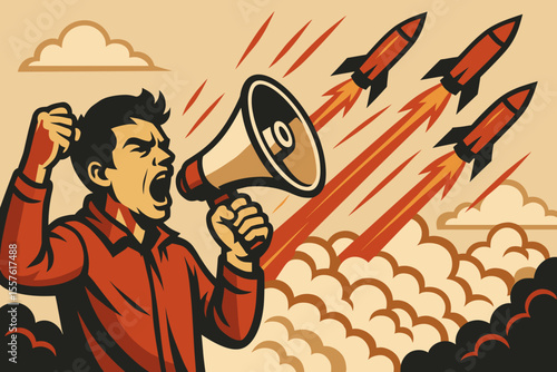 Activist with Megaphone Igniting Rockets, Protest Movement Concept, Revolutionary Uprising, Political Demonstration, Social Change, Power of Speech, Vector Illustration, Retro Style Clouds