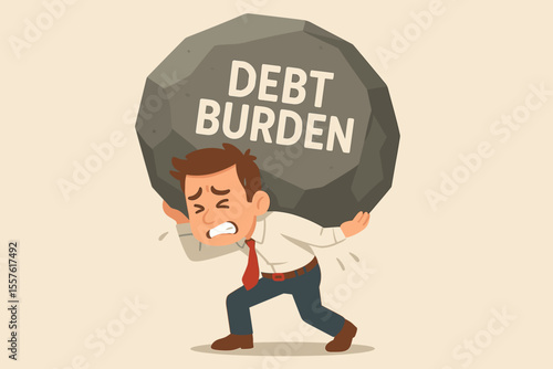 Stressed businessman carrying giant heavy rock labeled debt burden, financial pressure, money stress, economic hardship, cartoon vector, personal finance crisis, debt overload metaphor