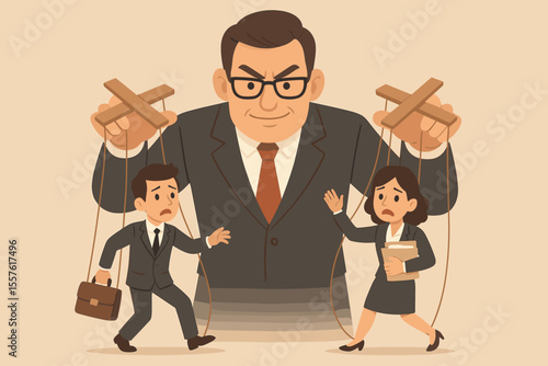 Corporate manipulation control concept. Business manager controlling employees as puppets. Workplace power, micromanagement, authority abuse, leadership dominance. Vector cartoon illustration.