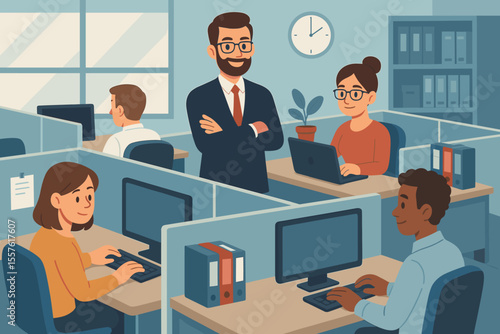 Modern office workspace teamwork, employees at computers in cubicles, manager supervising staff, business collaboration, corporate environment, professional workplace, vector cartoon illustration