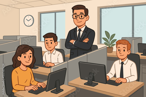 Modern office workspace vector illustration with employees working at computers in cubicles, manager supervising staff, teamwork, corporate business environment, professional workplace concept