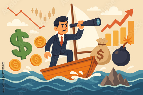 Businessman Navigating Financial Risks and Investments in Turbulent Market, Sailing Boat with Money Symbols, Growth Chart, Dollar Coins, Risk Bomb, Stock Market Volatility, Success Strategy Concept