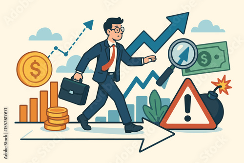 Businessman navigating financial investments and risk management with growth charts, money, warning signs, and magnifying glass vector illustration