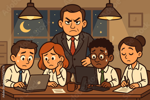 Stressed Office Workers Working Late Under Strict Supervisor, Team Overtime, Night Office Scene, Pressure, Deadlines, Exhausted Employees, Workplace Stress, Corporate Cartoon Vector Illustration
