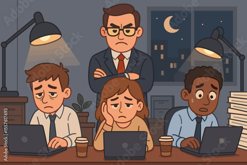Overworked Office Team Working Late Night Under Strict Supervisor, Stressful Corporate Environment, Business Pressure, Employees with Laptops, Overtime, Workplace Burnout, Cartoon Vector Illustration