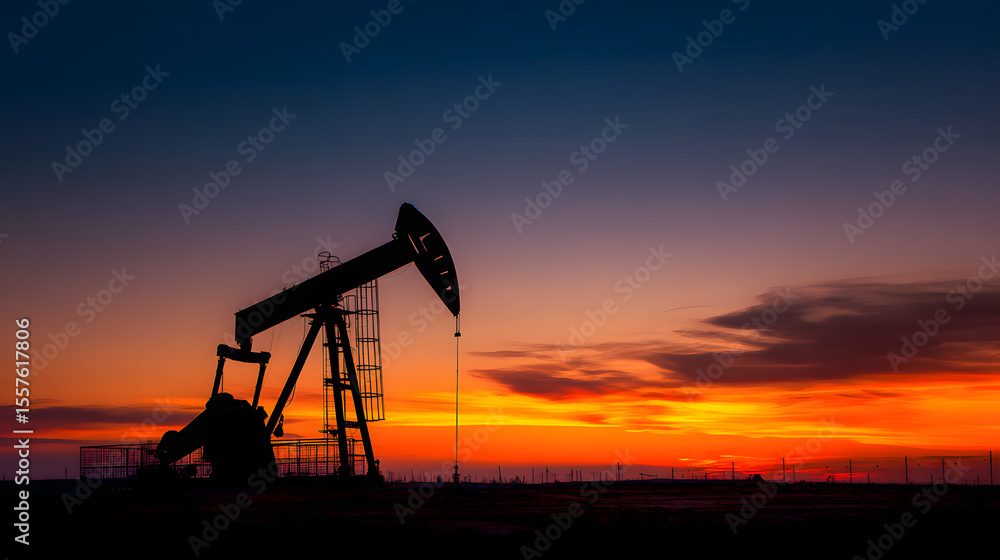 An oil pump jack operates against a stunning desert sunset, showcasing the contrast of industry and natural beauty in the dusky sky An oil pump jack operates against a stunning desert sunset, showcasing the contrast of industry and natural beauty in the dusky sky