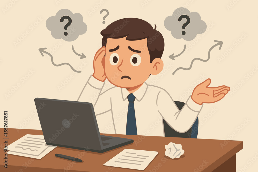 Confused office worker at desk with laptop, overwhelmed by unclear instructions, ambiguous tasks, workplace stress, decision-making anxiety, project uncertainty, business problem-solving challenge Confused office worker at desk with laptop, overwhelmed by unclear instructions, ambiguous tasks, workplace stress, decision-making anxiety, project uncertainty, business problem-solving challenge