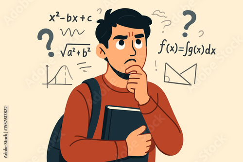 Confused male student thinking deeply about solving complex math equations and formulas, education challenge, academic stress, mathematics problem, vector illustration, college learning concept