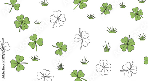 A Charming Pattern of Green Clover and Sketchy Flower Designs Scattered Across a White Background