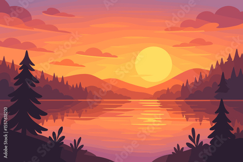 Majestic sunset over peaceful mountain lake with pine trees, glowing sky, vibrant orange clouds, scenic nature landscape, calm water reflections, tranquil wilderness vector illustration
