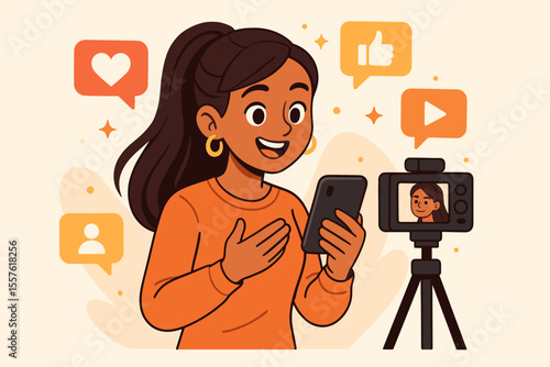 Social media influencer recording video content for followers, vlogger using smartphone and camera, engaging audience with social media icons, online communication, digital marketing concept