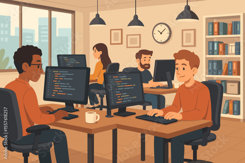 Diverse software engineers collaborating in modern office, coding on desktop computers, teamwork, technology workspace, open plan, professional programmers, digital workplace, vector illustration