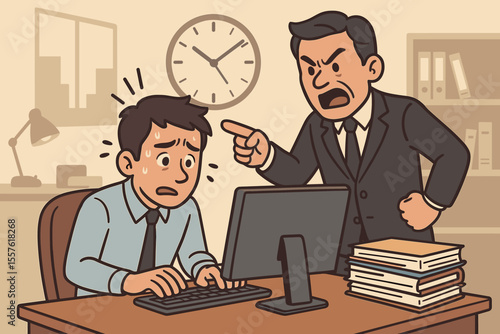 Stressed office worker under pressure from angry boss, workplace bullying, deadline anxiety, corporate stress, overworked employee, conflict management, business office cartoon illustration