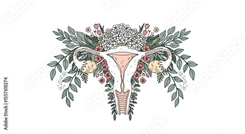 Botanical Uterus Illustration Embracing Floral Embellishments and Leafy Accents