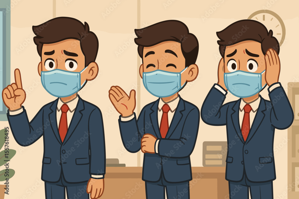Cartoon businesspeople in suits and medical masks showing emotions in office. Vector illustration of young male professionals expressing worry, happiness, stress, gestures, pandemic, workplace safety Cartoon businesspeople in suits and medical masks showing emotions in office. Vector illustration of young male professionals expressing worry, happiness, stress, gestures, pandemic, workplace safety