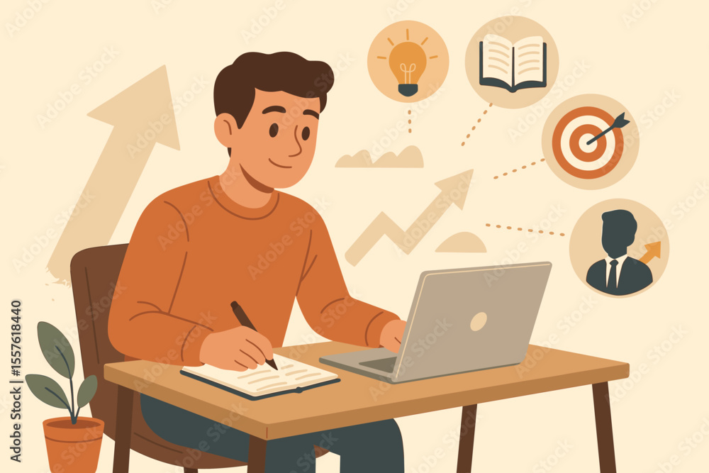 Young man studying at desk with laptop and notebook, learning new skills for career growth and professional development, goal achievement, education, business success, motivation, vector illustration Young man studying at desk with laptop and notebook, learning new skills for career growth and professional development, goal achievement, education, business success, motivation, vector illustration