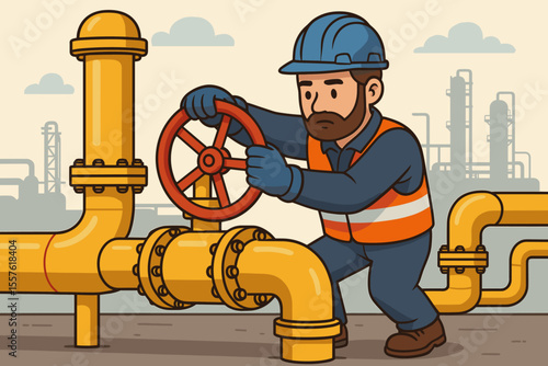 Industrial worker operating gas pipeline valve for safety control. Cartoon vector illustration of engineer in hard hat and safety vest adjusting large yellow pipes at refinery plant.
