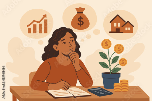 Woman Planning Financial Future Investment Goals. Budgeting, Saving, Money Growth, Wealth Management. Personal Finance, Economic Strategy, Home Ownership, Income Growth, Financial Literacy Concept