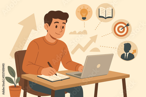 Young man studying at desk with laptop and notebook, learning new skills for career growth and professional development, goal achievement, education, business success, motivation, vector illustration