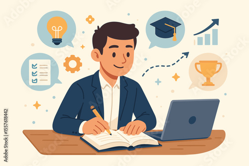 Ambitious young man studying for career success, professional development, skill improvement, goal achievement, business education, personal growth, motivation, learning process concept illustration
