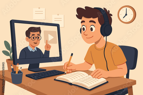 Online learning concept. Young man with headphones studying at desk, watching video lesson on desktop computer, taking notes in notebook. Distance education, e-learning, virtual classroom, home study