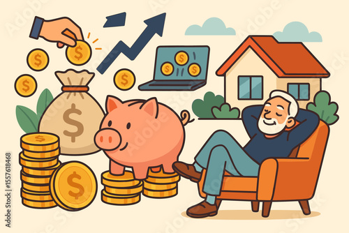Retirement planning and savings for a secure future. Happy senior man enjoying financial freedom. Passive income, pension, investment growth, and wealth. Vector cartoon concept.