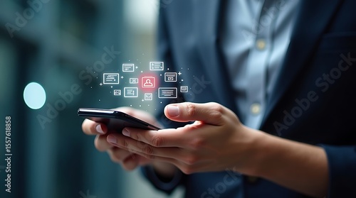 A hyper realistic image captures a person interacting with a smartphone displaying digital ads, illustrating effective online advertising and optimized customer engagement.