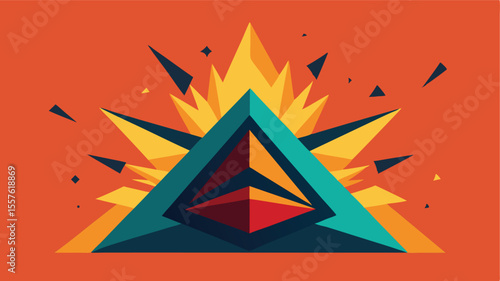 Abstract geometric composition with teal triangle and exploding design elements