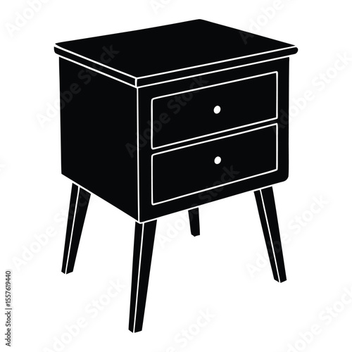 A minimalist black silhouette of a nightstand with a single small drawer and a tape dispenser