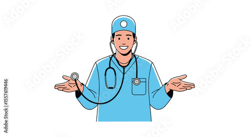 Friendly Doctor Character with Stethoscope Welcoming Patients to Medical Consultation