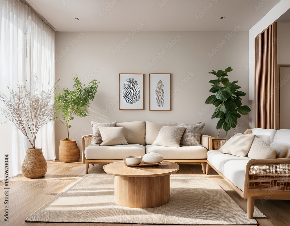 A Scandinavian-style lounge with light oak furniture, neutral tones, clean lines, and minimalist wall art A Scandinavian-style lounge with light oak furniture, neutral tones, clean lines, and minimalist wall art