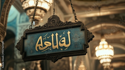 A detailed ornate sign with golden arabic calligraphy hanging inside