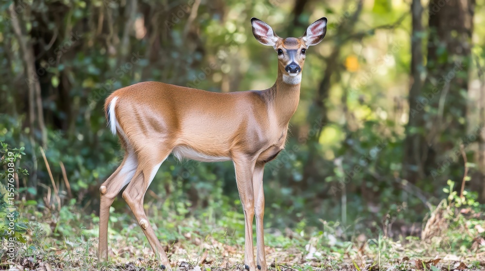 Fototapeta premium A beautiful white tailed deer stands in a forest setting