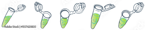 Hand-Drawn Microcentrifuge Tube Collection – Cute Science Lab Illustration Set with Green Liquid for Medical Research, Biotechnology Projects, Academic Presentations, and Laboratory-Themed Branding 
