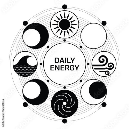 Black and white vector of a daily energy tracker with sun, moon, water, and wind symbols in minimalist line art for wellness and habit tracking