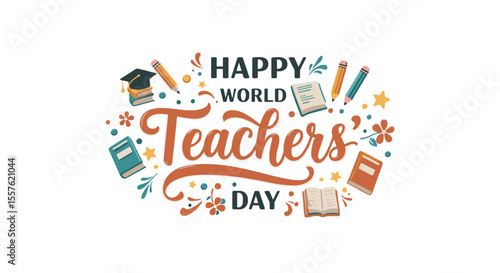 Happy World Teachers' Day colorful illustration with books and graduation cap  