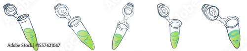 Hand-Drawn Microcentrifuge Tube Collection – Cute Science Lab Illustration Set with Green Liquid for Medical Research, Biotechnology Projects, Academic Presentations, and Laboratory-Themed Branding 
