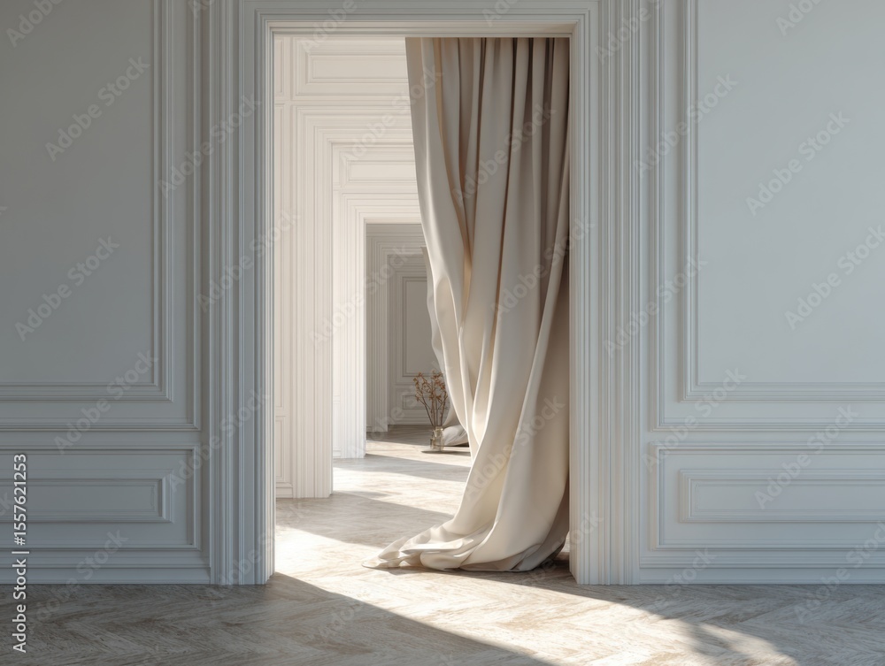 Fototapeta premium A white curtain is open in a room. The curtain is white and is hanging from the wall