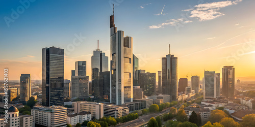 A stunning wide shot captures the frankfurt skyline at sunset, showcasing the citys modern architecture and vibrant urban landscape