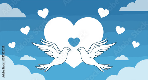 Two white doves flying towards each other with hearts against a blue sky with clouds
