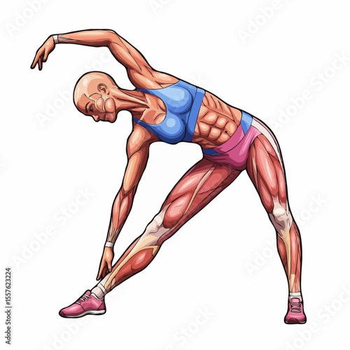 Fit woman demonstrating muscle structure in a side angle yoga pose on a white background