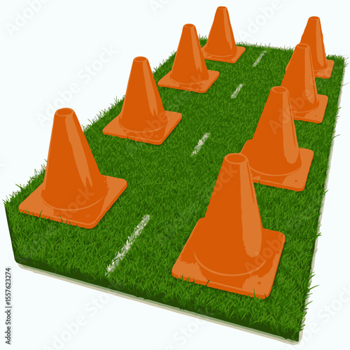 Orange training cones for drills set in two rows on green grass with white lines