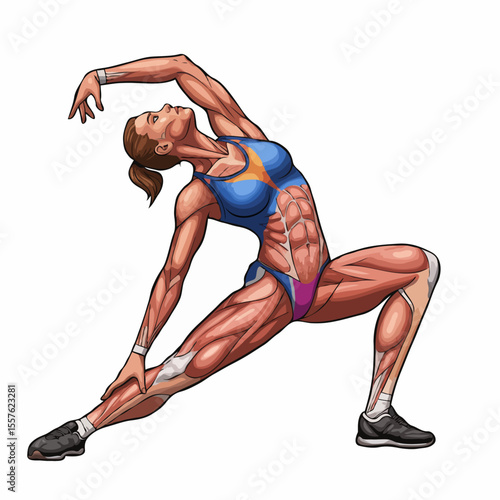 Athletic woman showing muscle anatomy while doing a triangle pose stretch on a white background