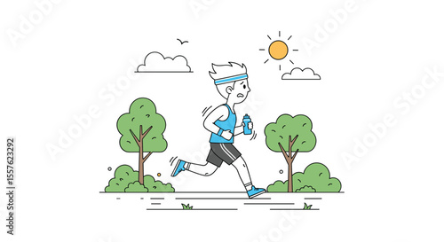 Healthy Man Enjoying Outdoor Morning Jogging Exercise in Park During Sunny Weather