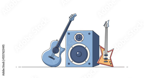 Two Electric Guitars Stand Proudly Next to a Large Audio Speaker System